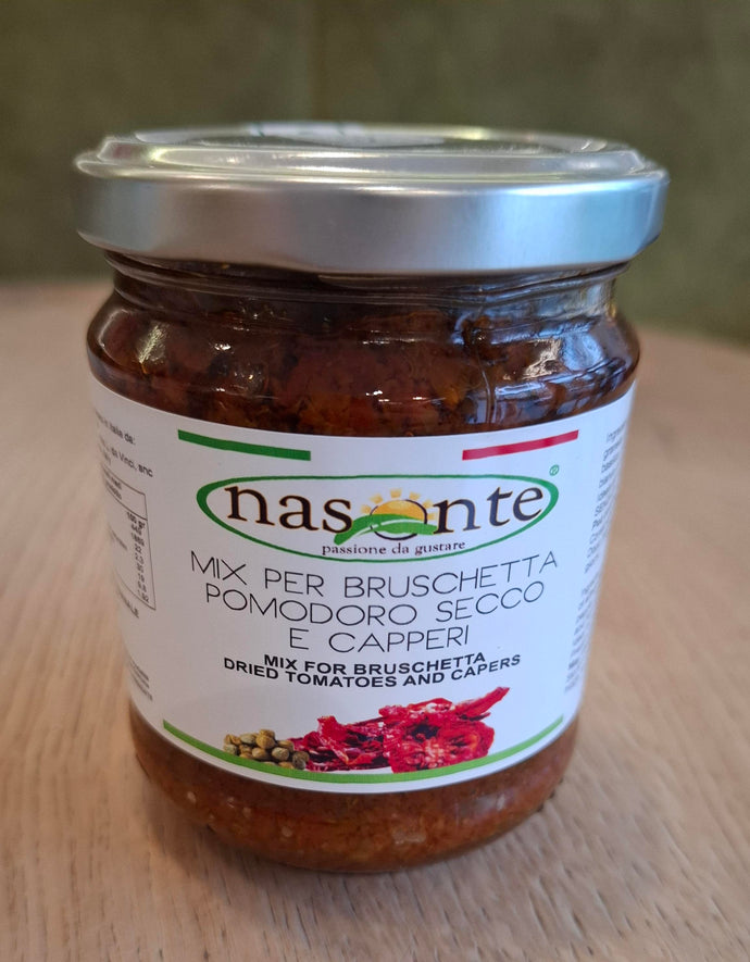 Nasonte Mix per Bruschetta Pomodoro secco e capperi Bruschetta Aufstrich fertig aus getrockneten Tomaten und Kapern 180g