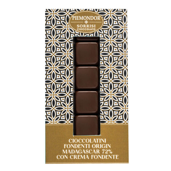 Sorrisi Cioccolato Piemondor Cioccolatini fondente origin Madagascar 72% con crema fondente Zartbitterschokolade aus Madagaskar mit Zartbitterschokocreme 125g
